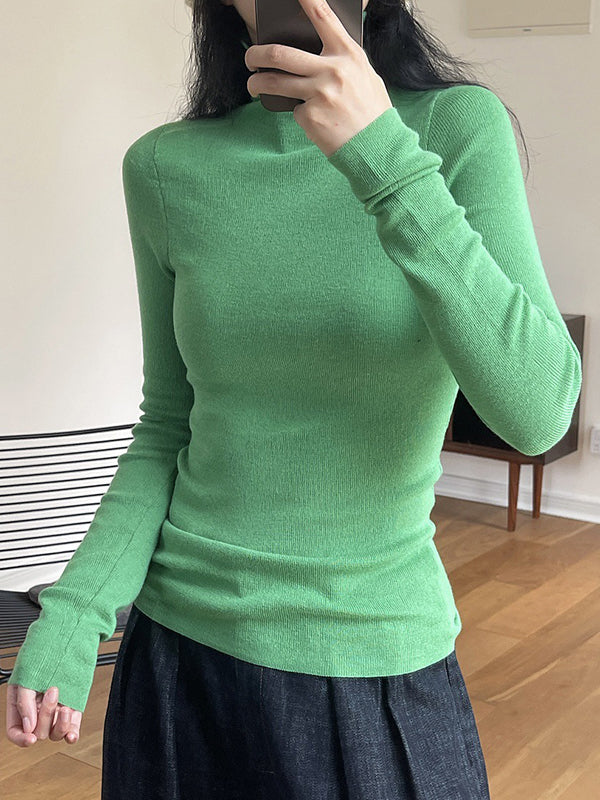 Korean-Style Long Sleeves Solid Color High-Neck Sweater Tops