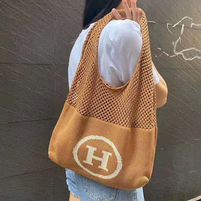 Crochet Tote Bag H Letter Bag Hollow Woven Mesh Bag