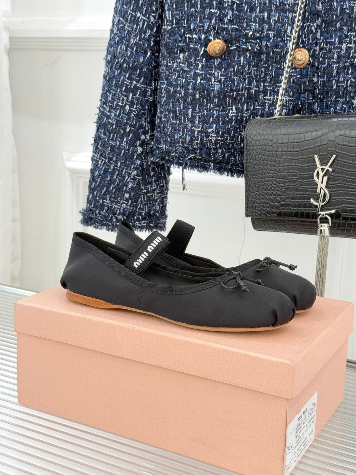 Miu Classic Bow Letter Ballet Black Satin