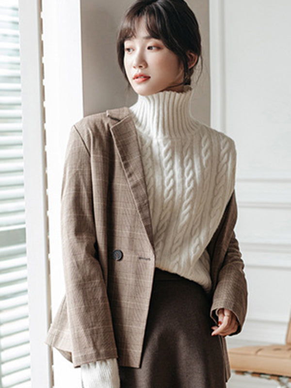 Casual Long Sleeves Loose Solid Color High-Neck Sweater Tops