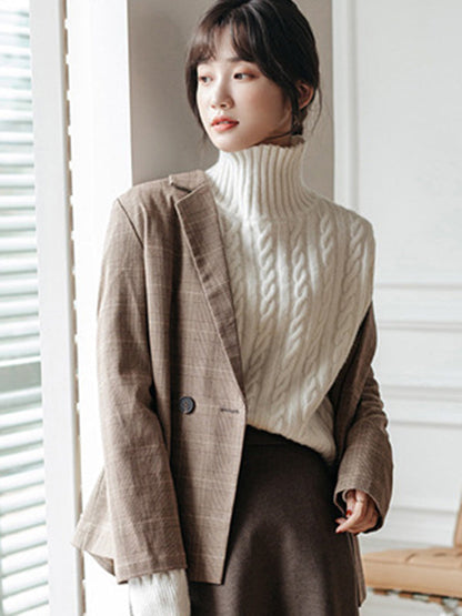 Casual Long Sleeves Loose Solid Color High-Neck Sweater Tops