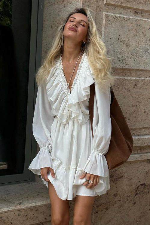 Ruffle Long Sleeve Mini Dress Lightweight Fabric