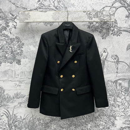 YSL 25 Double-breasted Suit Jacket Black Cotton Polyester