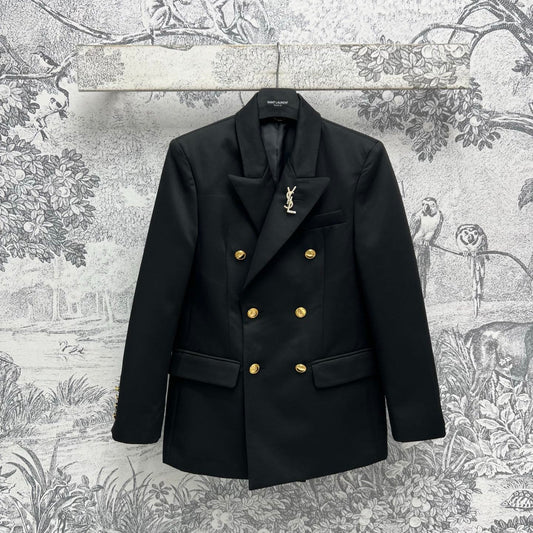 YSL 25 Double-breasted Suit Jacket Black Cotton Polyester