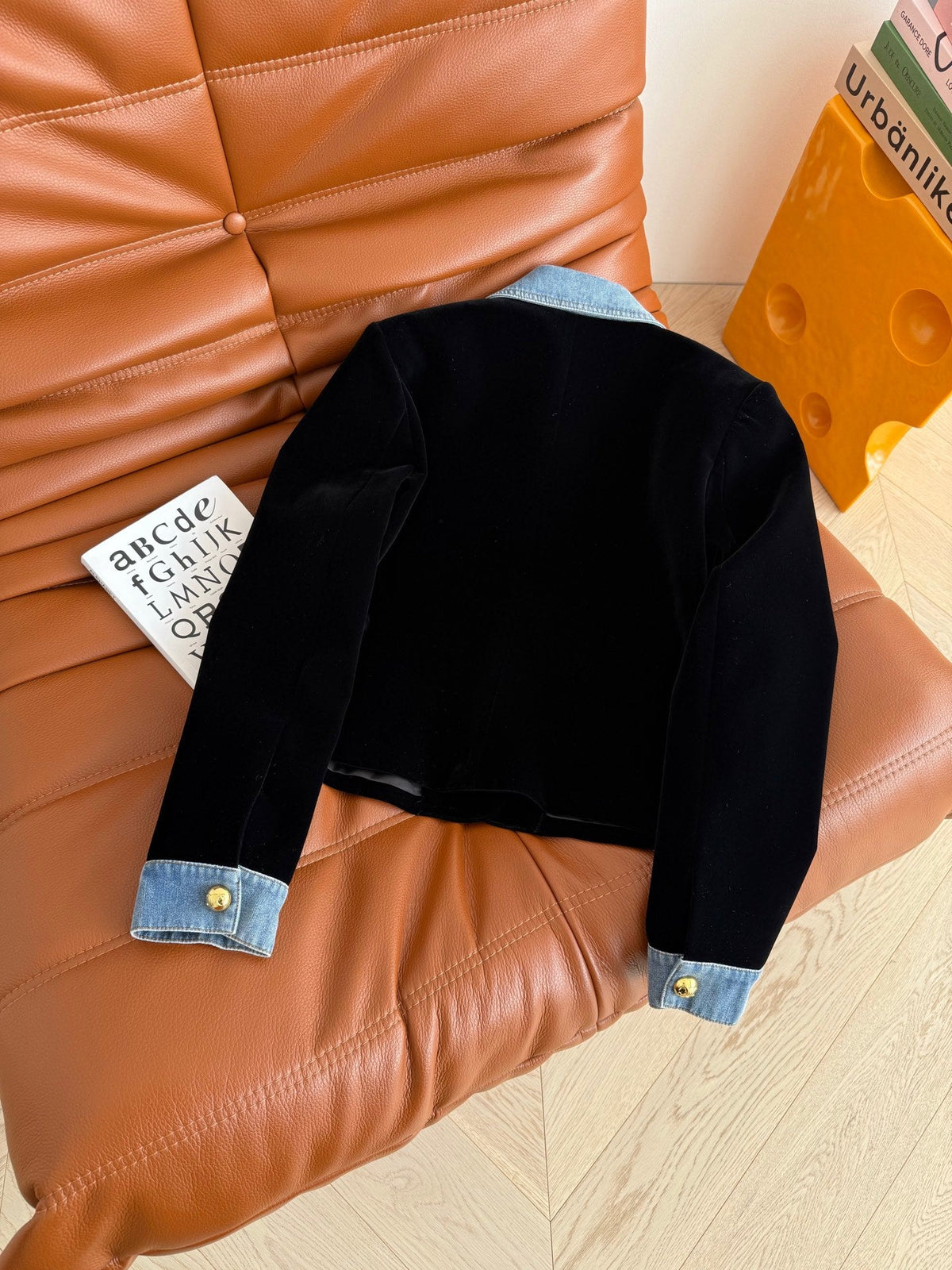 Celine 25 Denim Patchwork Velvet Jacket Black Blue