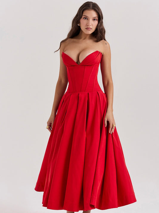 Aurora Off-Shoulder Corset Midi Dress In Red