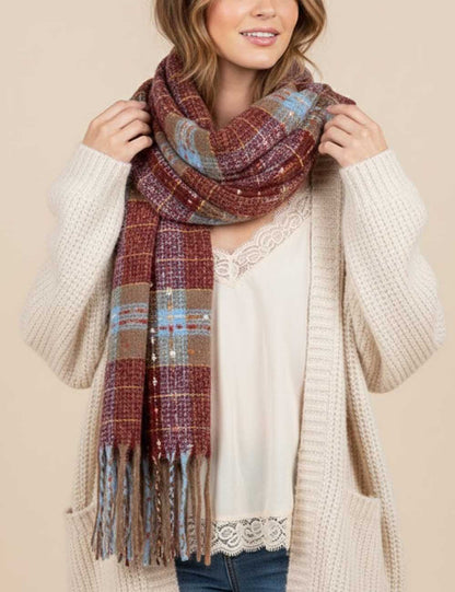 Christmas Warm Color Block Plaid Tassel Scarf
