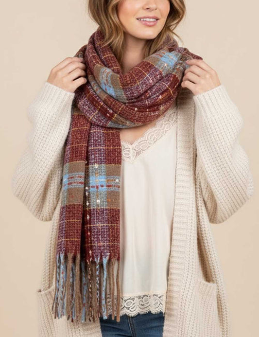 Christmas Warm Color Block Plaid Tassel Scarf