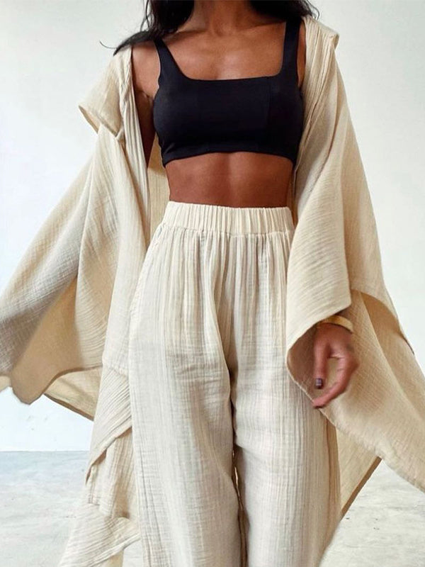 Loose Hooded Solid Color Cardigan Tops&Pants Suits