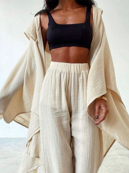 Loose Hooded Solid Color Cardigan Tops&Pants Suits