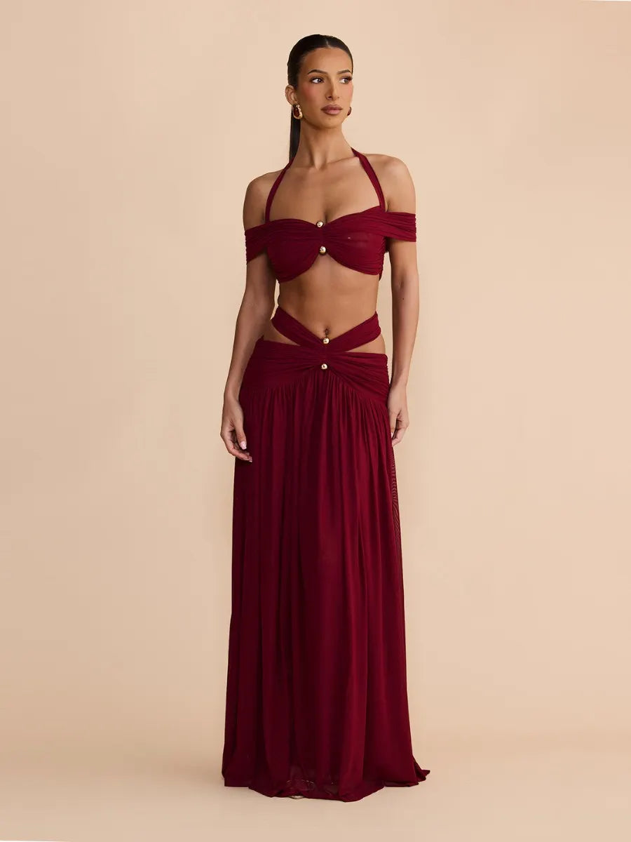 Marisol Cut Out Halter Mesh Maxi Dress Set