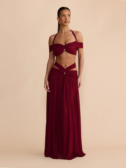 Marisol Cut Out Halter Mesh Maxi Dress Set