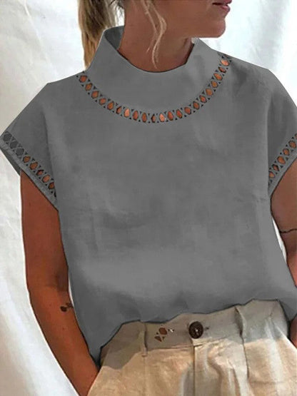 Casual Hollow Out High Neck Short Sleeve Blouse