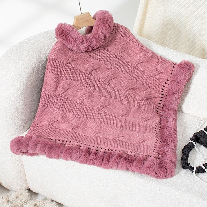 Fur Collar Cable Knit Sweater Cape