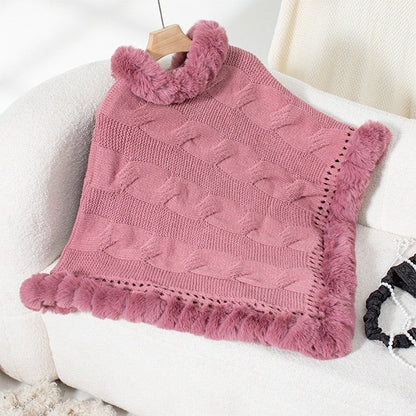 Fur Collar Cable Knit Sweater Cape