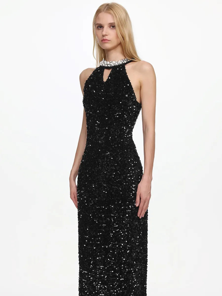 Naomi Elegant Contour Halter Pearl Sequin Maxi Dress