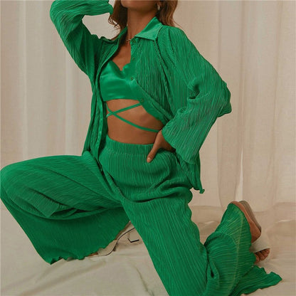 Printed Pleated Long Sleeve Long Pants Set