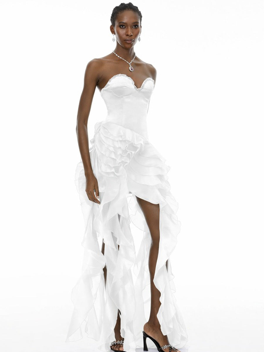 Keira White Strapless Ruffled Maxi Dress