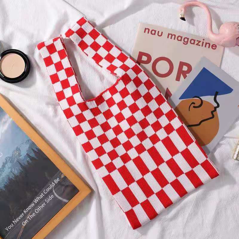 Crochet Tote Bag Checkerboard Knit Bag