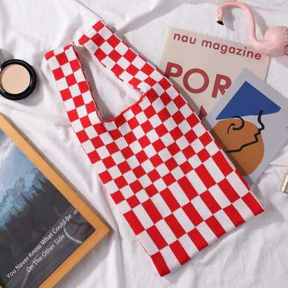 Crochet Tote Bag Checkerboard Knit Bag