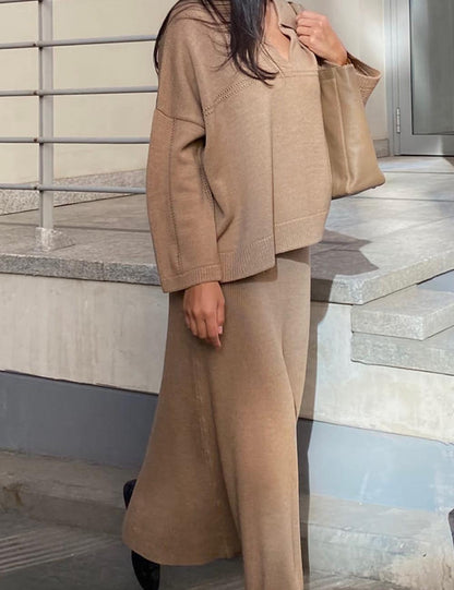 2 Pcs Trendy Knit V-Neck Sweater Maxi Skirt Set