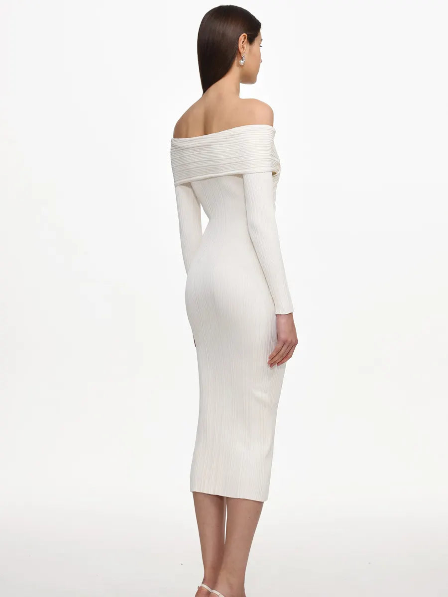 Grace Elegant Contour Off Shoulder Buttoned Knit Maxi Dress