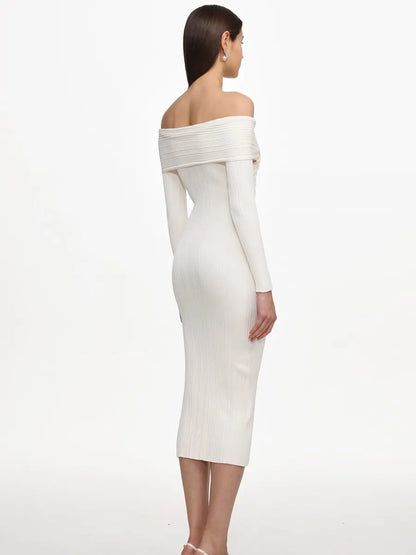 Grace Elegant Contour Off Shoulder Buttoned Knit Maxi Dress