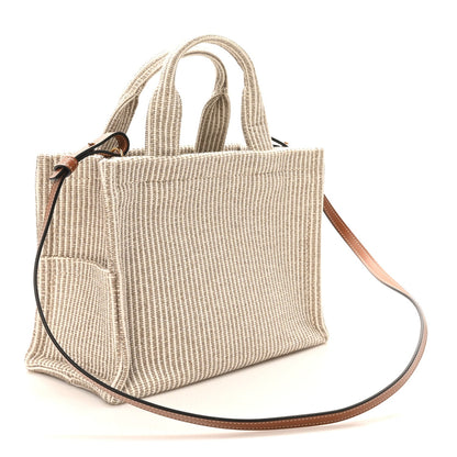 Canvas Calfskin Striped Triomphe Small Cabas Beige