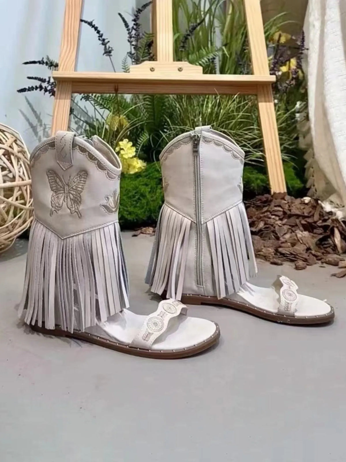 Vivienne Embroidered Butterfly Peep-Toe Booties with Tassels