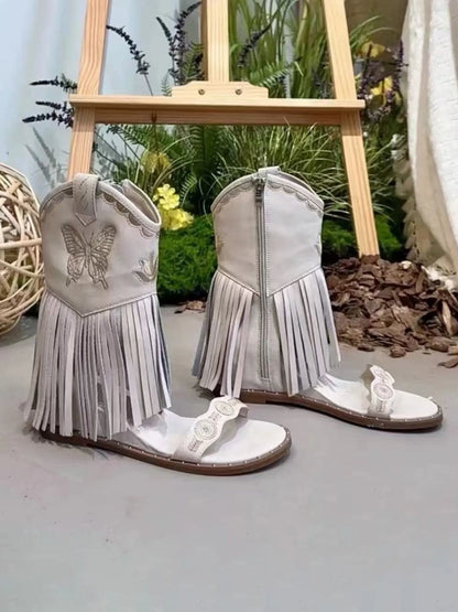 Vivienne Embroidered Butterfly Peep-Toe Booties with Tassels