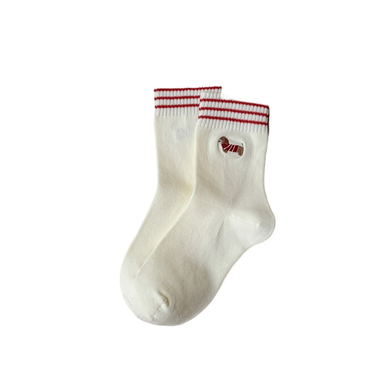 Rufia - Cartoon Dog Embroidered Striped Socks