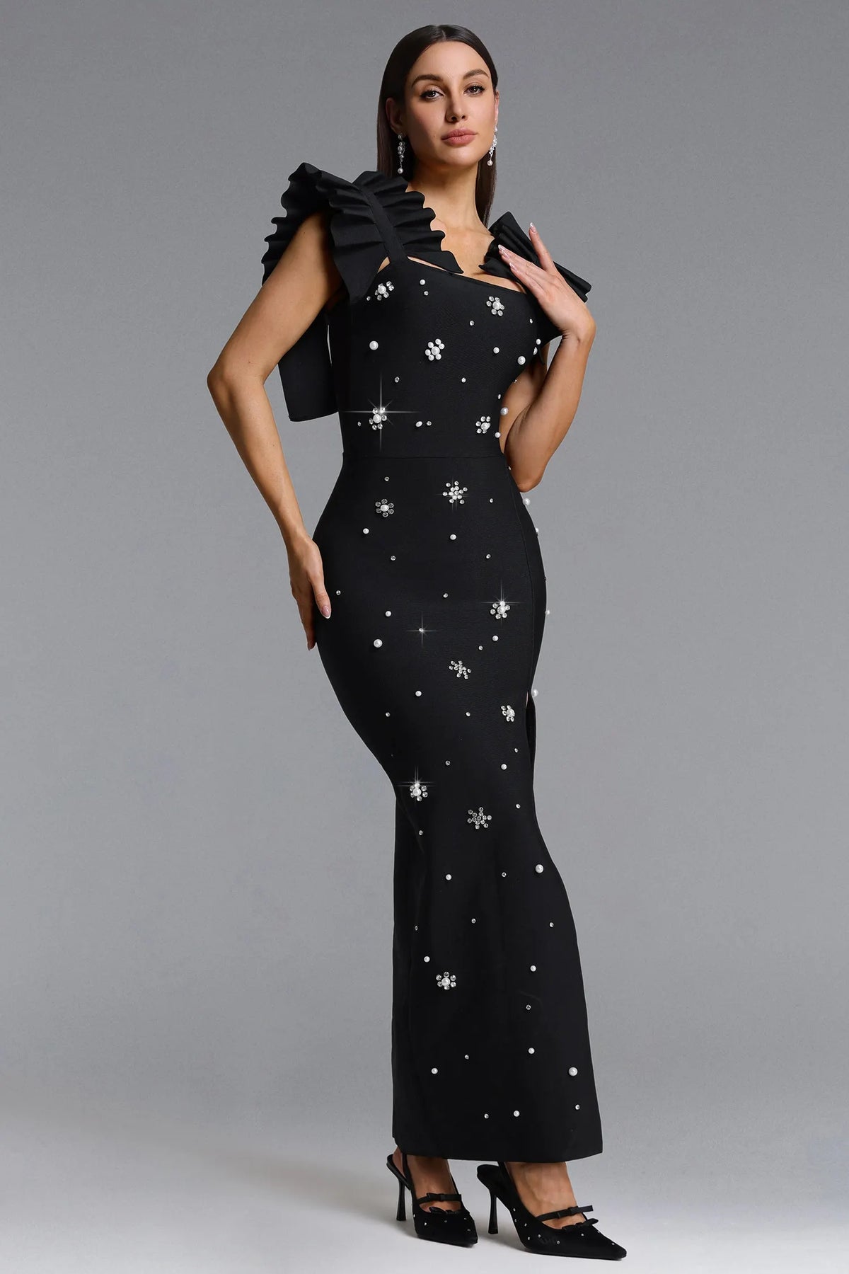 Alissa Pleated Strap Rhinestone Bandage Maxi Dress