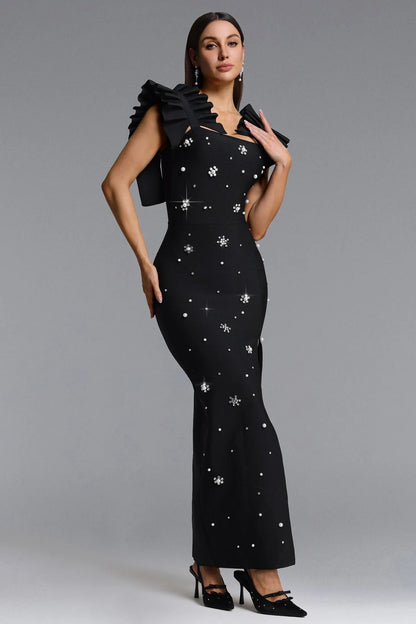 Alissa Pleated Strap Rhinestone Bandage Maxi Dress