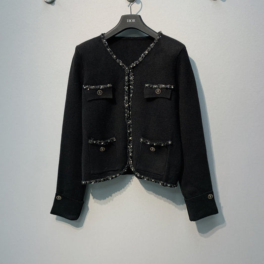 Chanel 26 Beaded Stylish Button Cardigan Black in Wool 800686