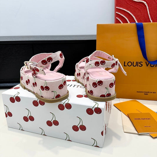 LV Maya Platform Sandals Cherry Motif 6cm Pink Cowhide Denim 572497