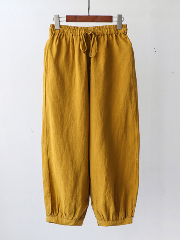 Simple Linen Solid Color Elasticity Waist Loose Knickerbockers&Capri-Pants