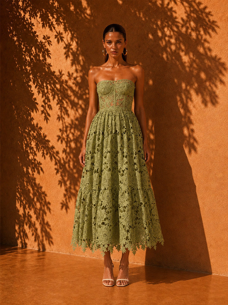 Audrey Embroidered Cutout Strapless Maxi Dress