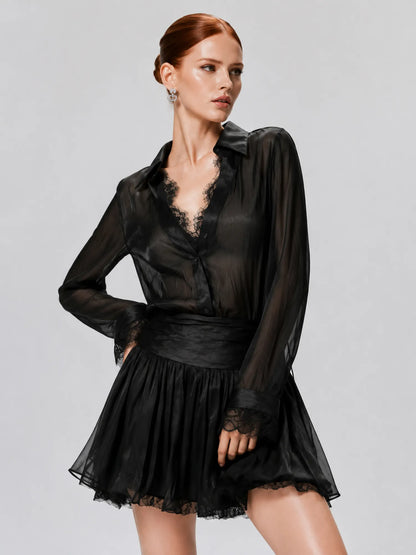 Arabella Lace-Panel Shirt and Mini Skirt Set