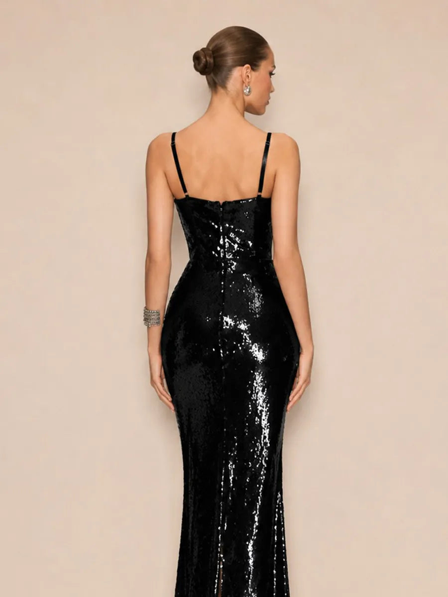 Zyla Glamorous Tailored Cut Out Rhinestone Sequin Maxi Dress