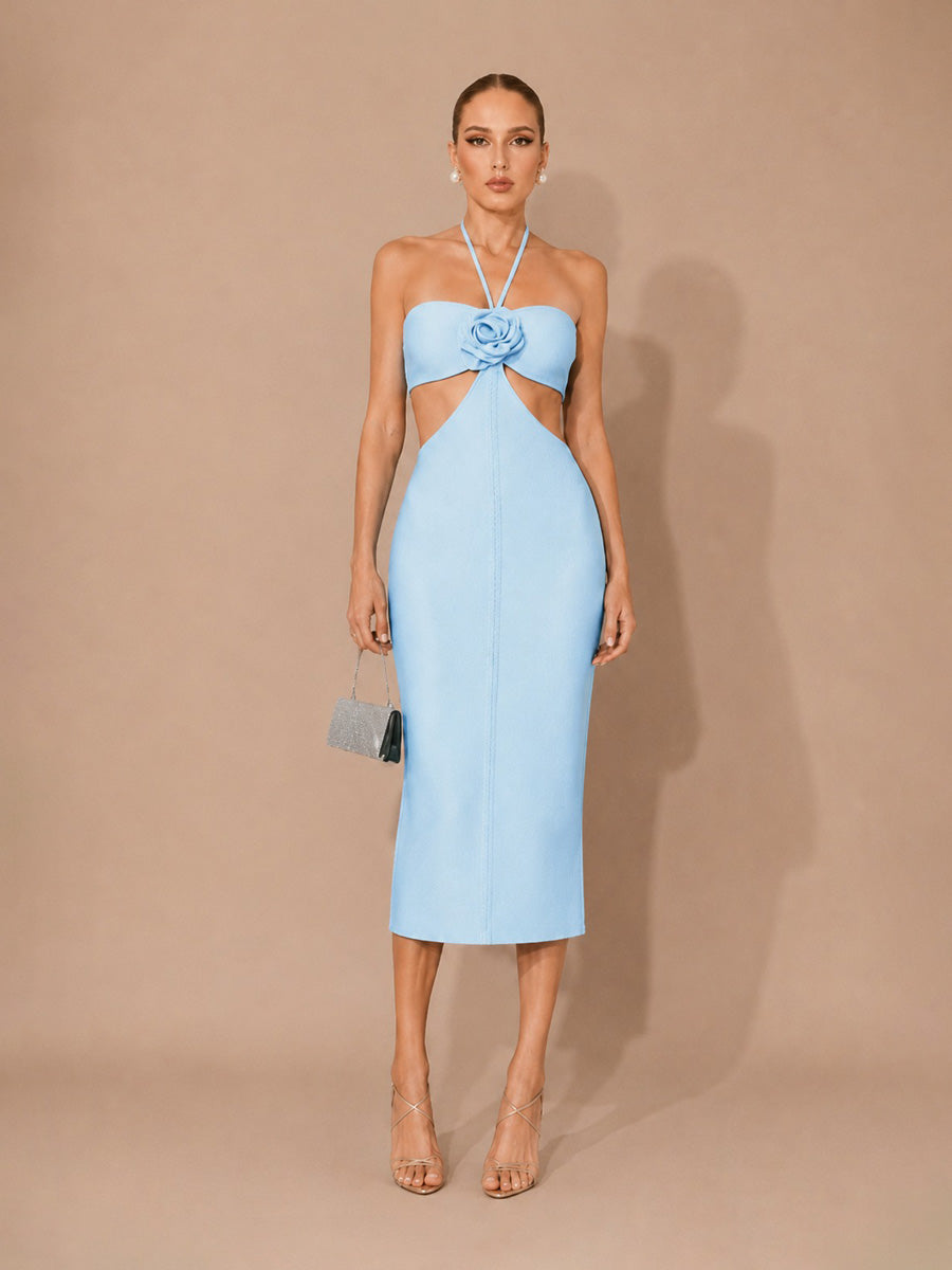 Melina 3D Floral Cut-Out Halter Midi Dress