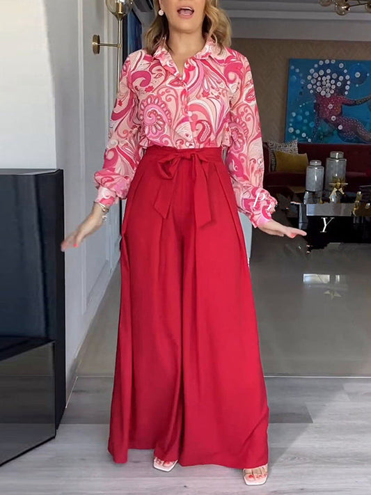 Printed Long Sleeves Buttoned Lapel Blouse + Tied Waist High Waisted Wide Leg Pants Two Pieces Set
