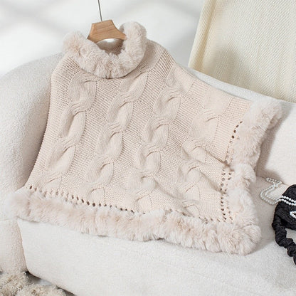 Fur Collar Cable Knit Sweater Cape
