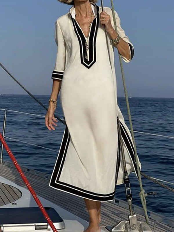 Loose Three-Quarter Sleeves Split-Joint Split-Side Zipper V-Neck Maxi Dresses Shirt Dress