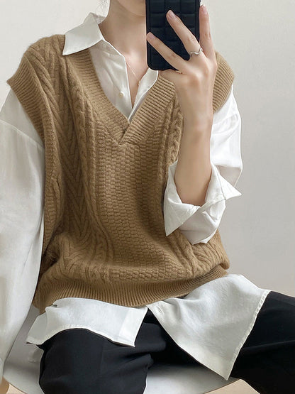 Casual Loose Sleeveless Jacquard Solid Color V-Neck Sweater Vest Outerwear
