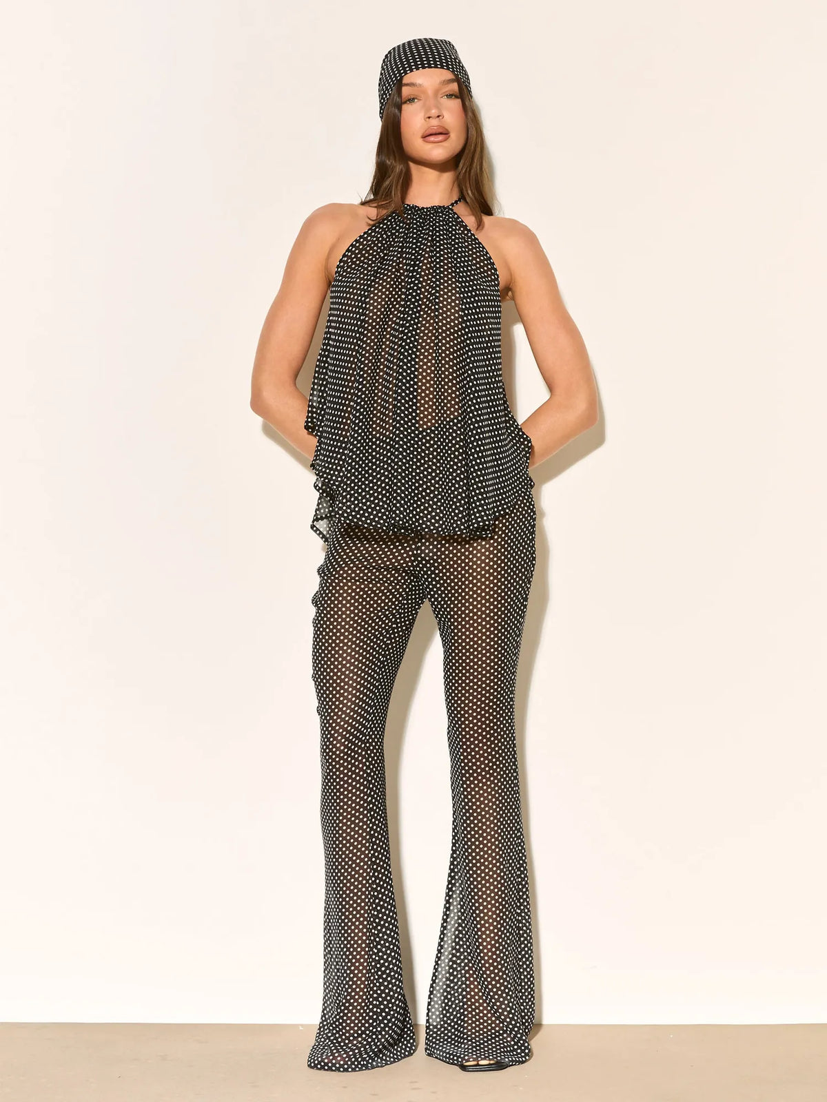 Sofia Black Polkadot Chiffon Two Piece Set with Headscarf