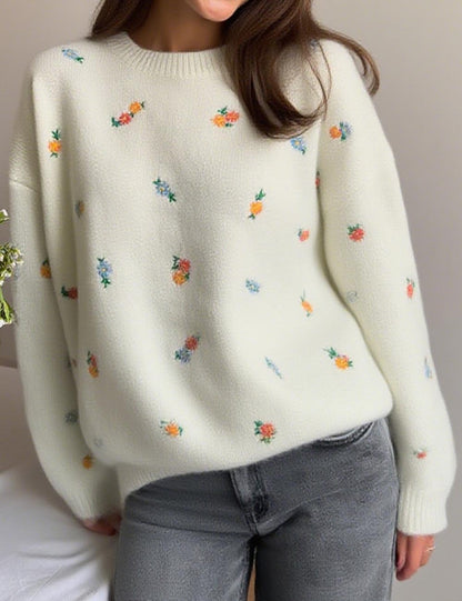 Simple Embroidered Flower Round Neck Cardigan