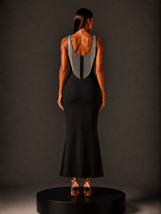 Lena Back Crystal Fringe Bandage Maxi Dress