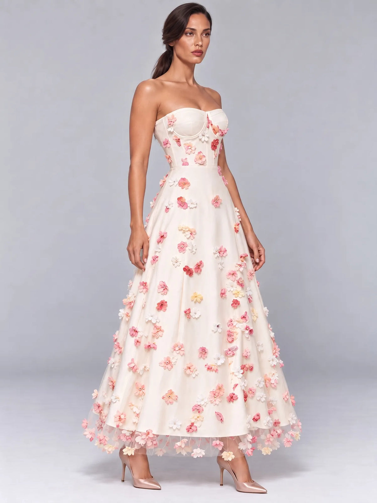 Peyton 3D Floral Strapless Midi Dress