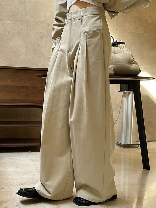 Original Loose Wide Legs Pleated Solid Color Pants