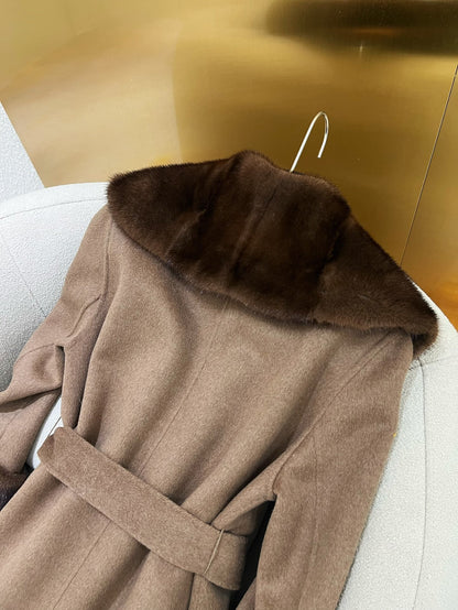 LP 25 Deep V-neck Long Coat Brown Cashmere Fur 303964